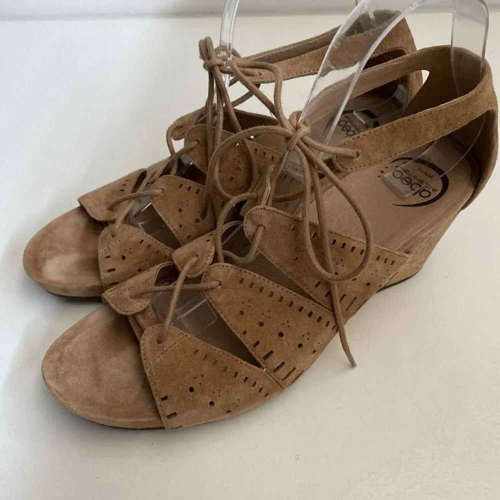 Abeo Lilia Tan Suede Cork Wedge Sandal Beige Brown Open Toe Strappy Tie …